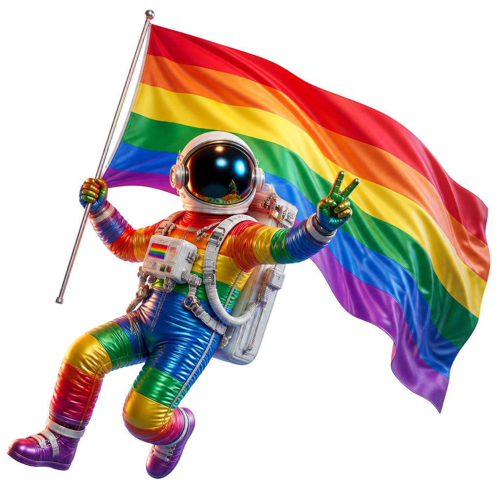 Rainbow astronaut waving a pride flag in space